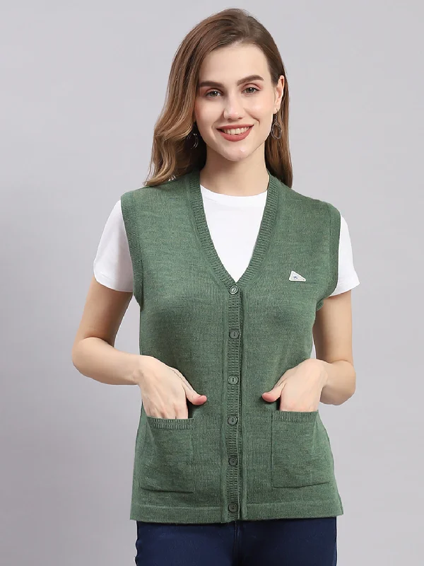 Women Green Solid V Neck Sleeveless Cardigans