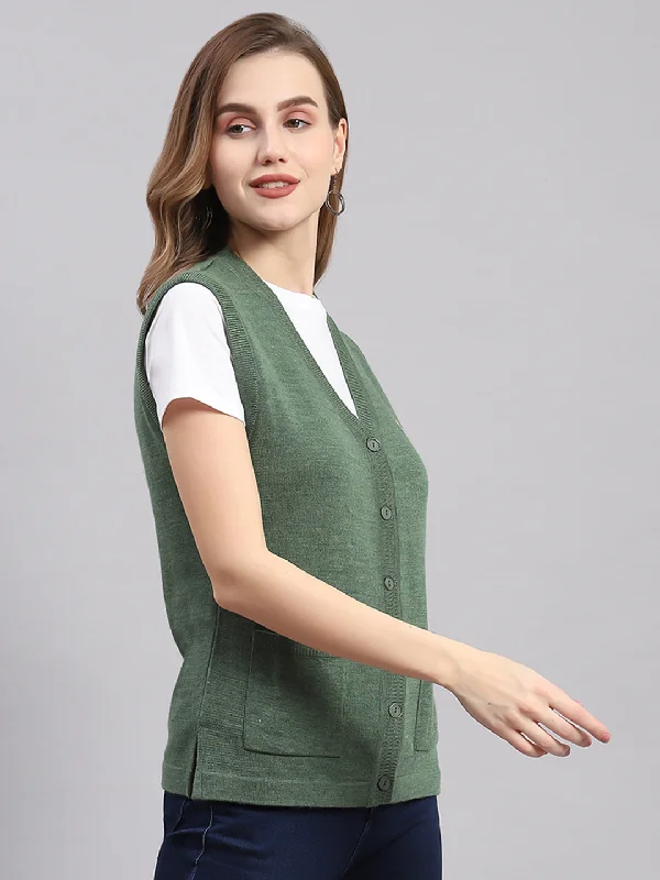 Women Green Solid V Neck Sleeveless Cardigans