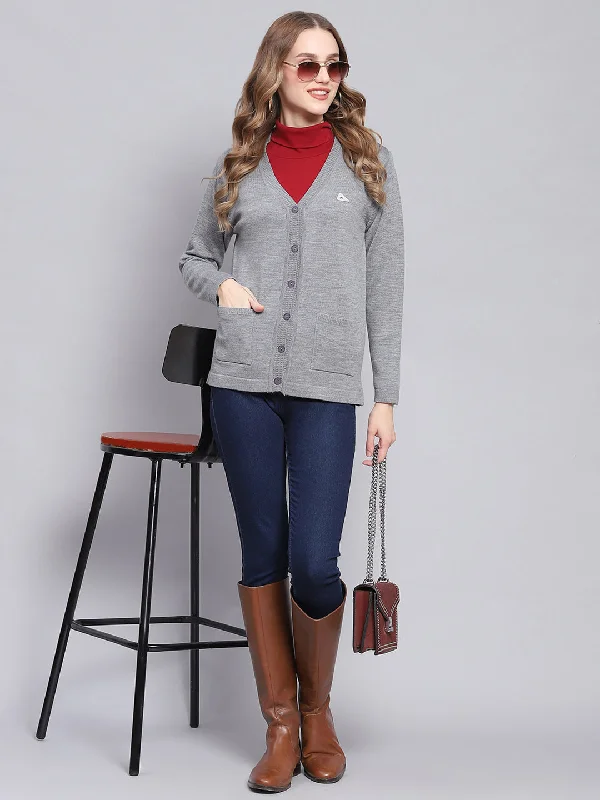 Women Grey Melange Solid V Neck Full Sleeve Cardigans