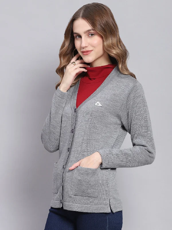 Women Grey Melange Solid V Neck Full Sleeve Cardigans