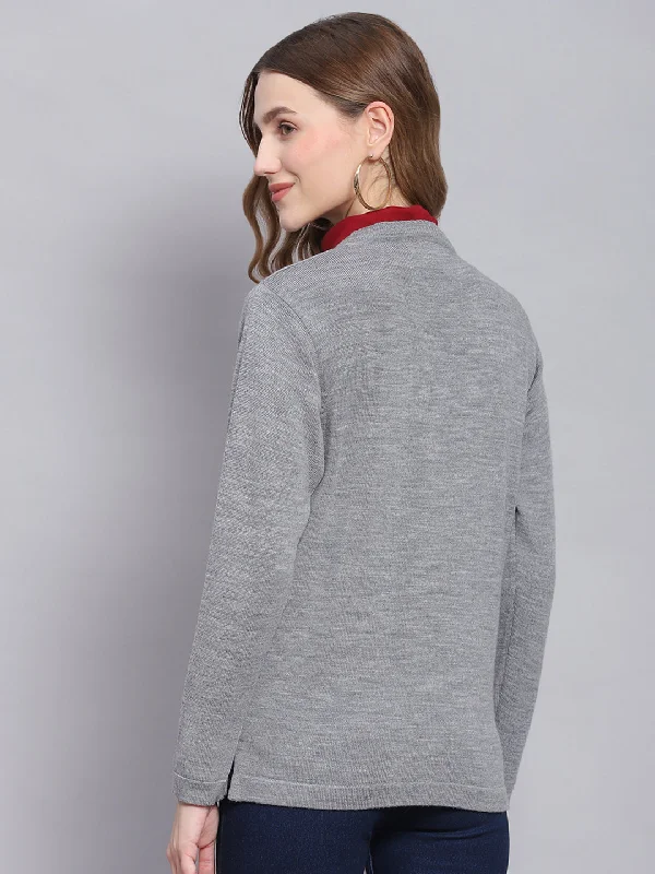 Women Grey Melange Solid V Neck Full Sleeve Cardigans