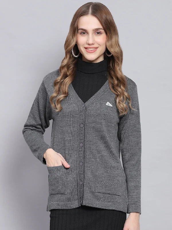 Women Grey Melange Solid V Neck Full Sleeve Cardigans