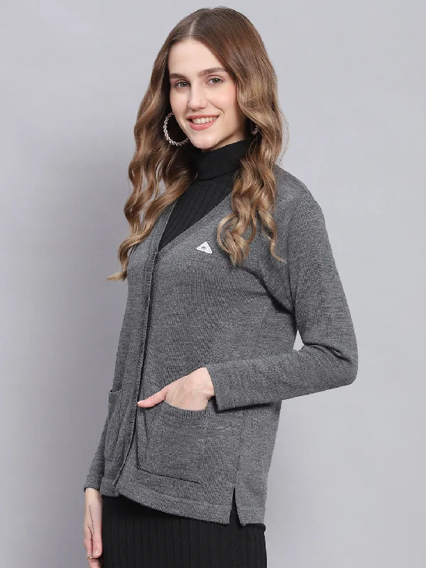 Women Grey Melange Solid V Neck Full Sleeve Cardigans