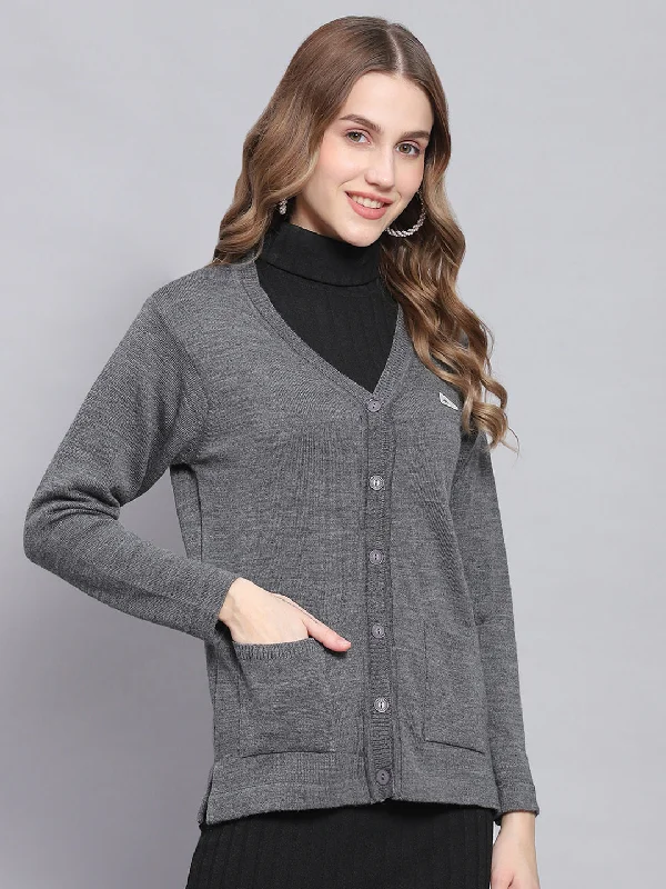 Women Grey Melange Solid V Neck Full Sleeve Cardigans