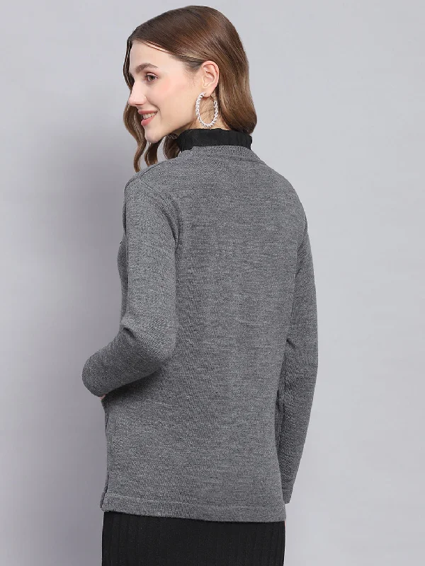 Women Grey Melange Solid V Neck Full Sleeve Cardigans