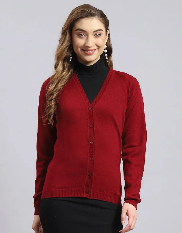 Women Maroon Solid V Neck Full Sleeve Cardigan