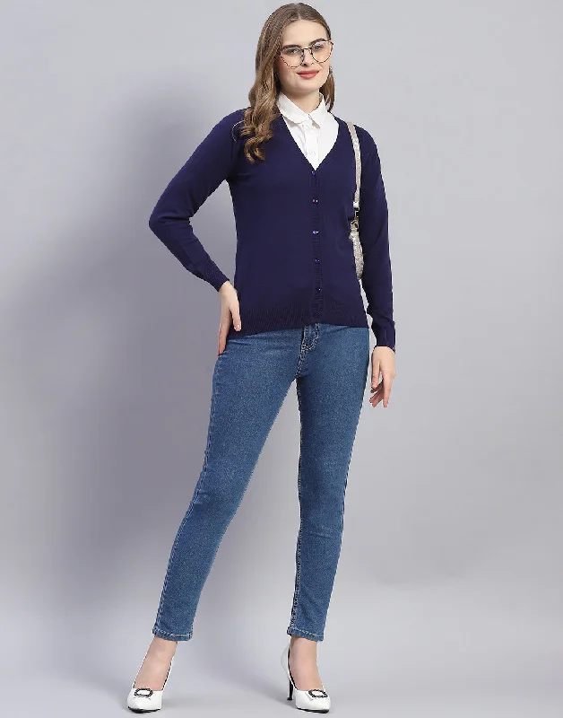 Women Navy Blue Solid V Neck Full Sleeve Cardigan