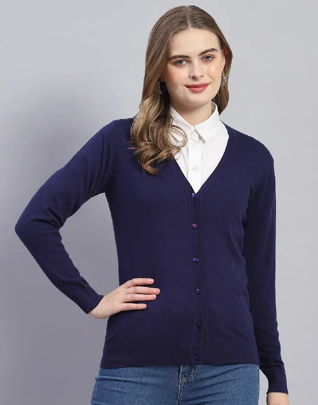 Women Navy Blue Solid V Neck Full Sleeve Cardigan