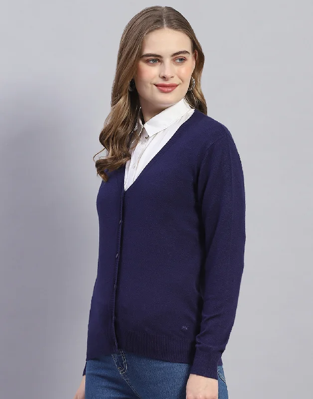 Women Navy Blue Solid V Neck Full Sleeve Cardigan