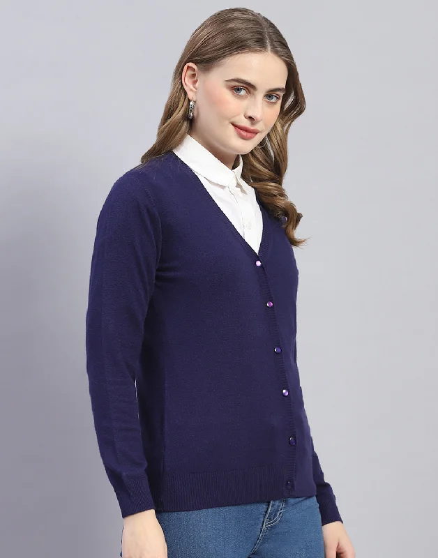 Women Navy Blue Solid V Neck Full Sleeve Cardigan