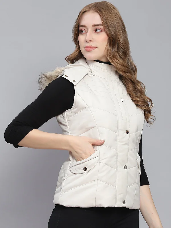 Women Off White Solid Hooded Sleeveless Jackets