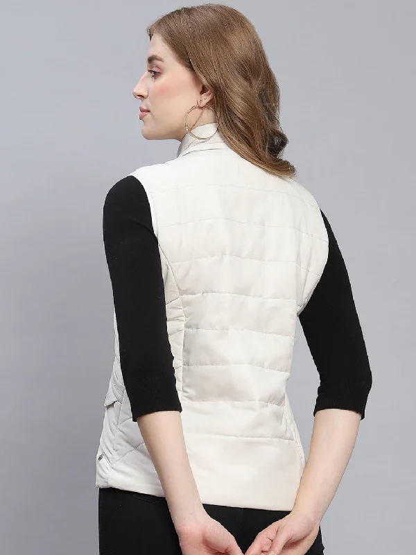 Women Off White Solid Hooded Sleeveless Jackets