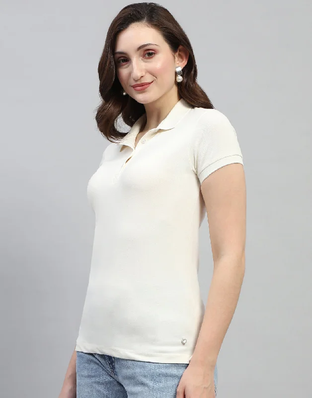 Women Off White Solid Polo Collar Half Sleeve T Shirt