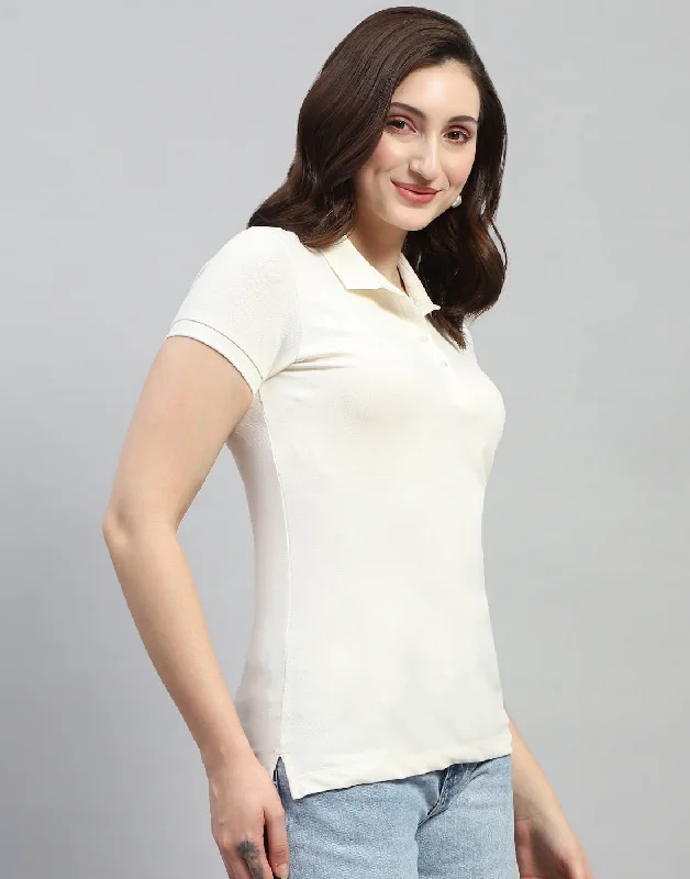 Women Off White Solid Polo Collar Half Sleeve T Shirt