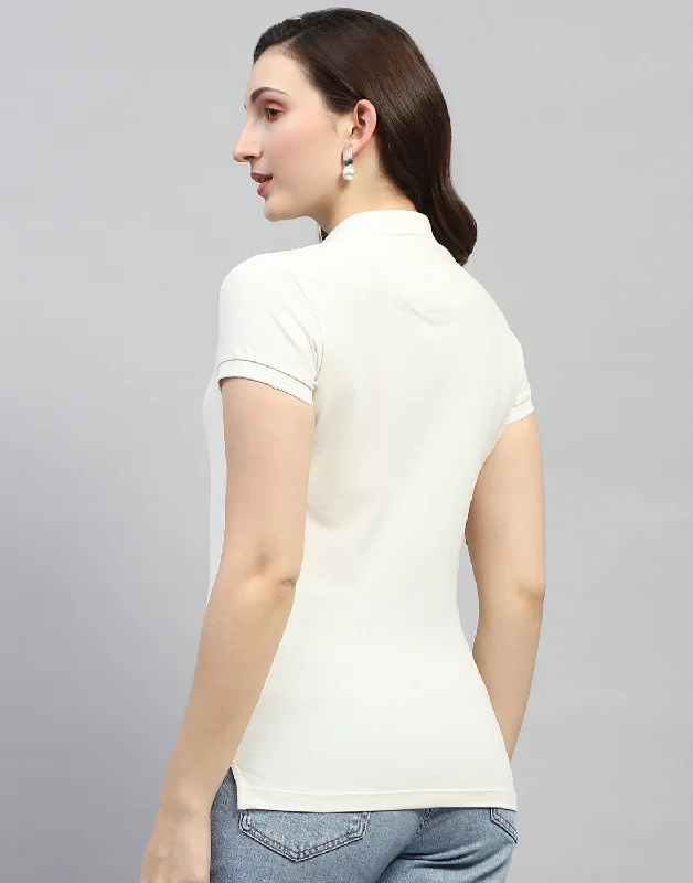 Women Off White Solid Polo Collar Half Sleeve T Shirt