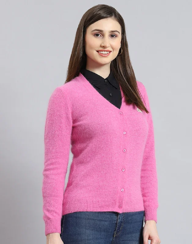 Women Pink Solid V Neck Full Sleeve Cardigan