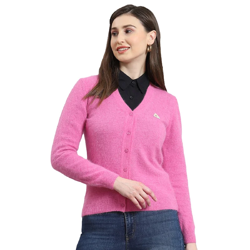 Women Pink Solid V Neck Full Sleeve Cardigan