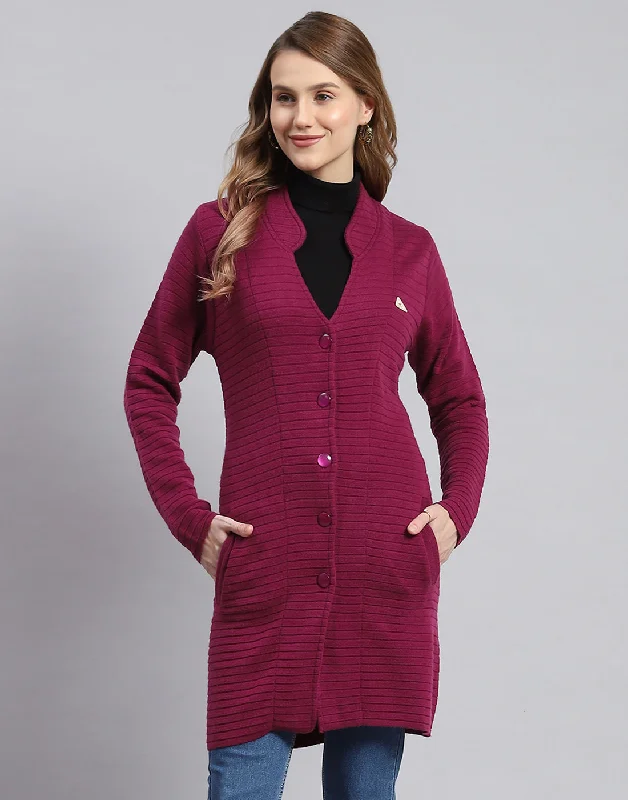 Women Purple Self Design Round Neck Full Sleeve Cardigans