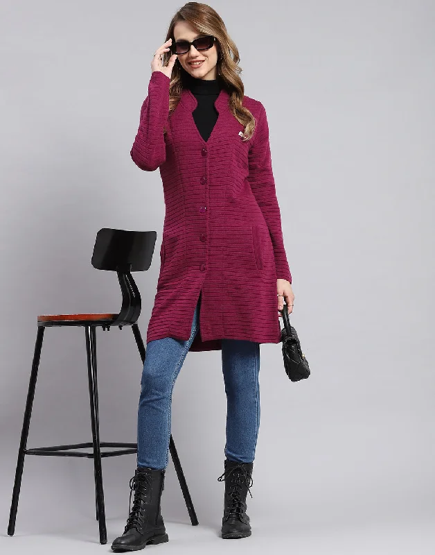 Women Purple Self Design Round Neck Full Sleeve Cardigans