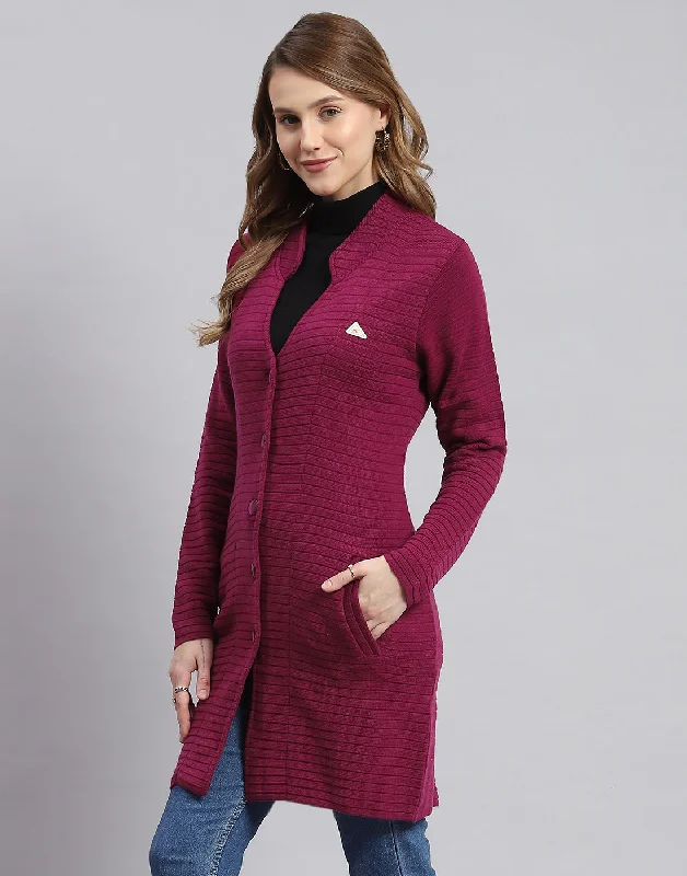 Women Purple Self Design Round Neck Full Sleeve Cardigans