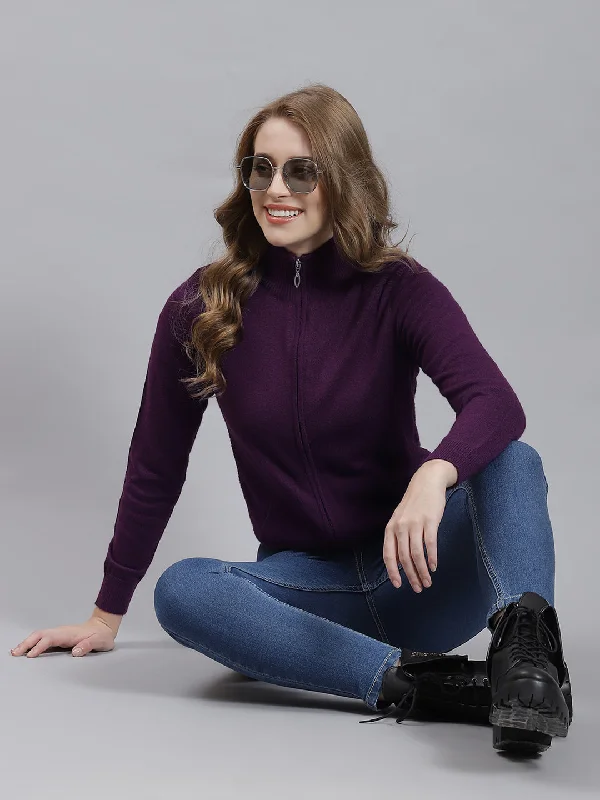 Women Purple Solid Cardigan