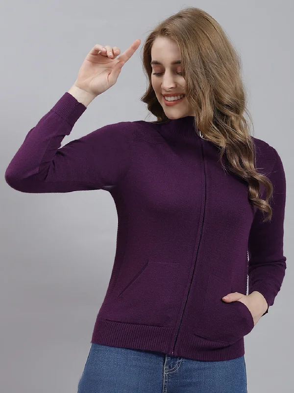 Women Purple Solid Cardigan