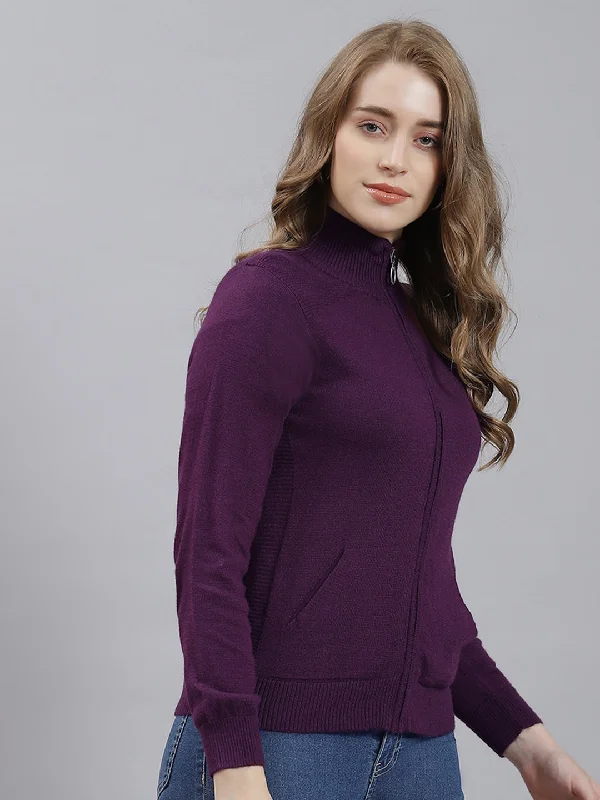 Women Purple Solid Cardigan