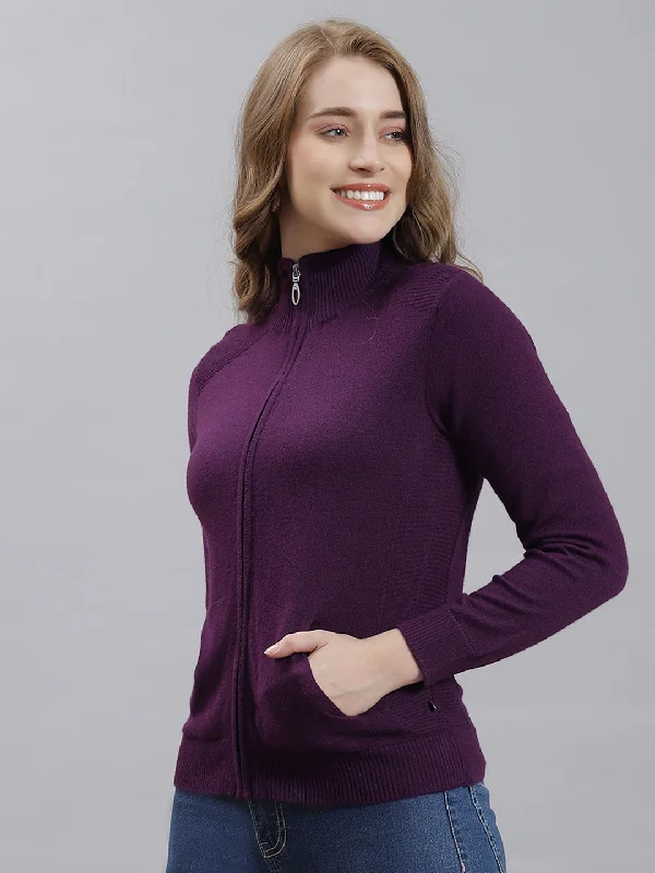 Women Purple Solid Cardigan