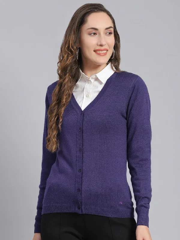 Women Purple Solid V Neck Full Sleeve Cardigans