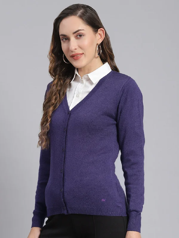 Women Purple Solid V Neck Full Sleeve Cardigans