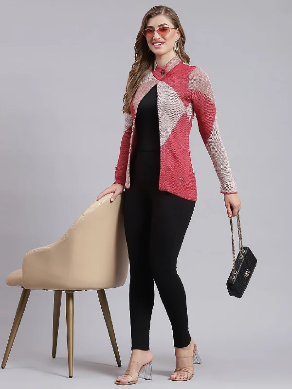 Women Red Jaquard Wool blend Cardigan