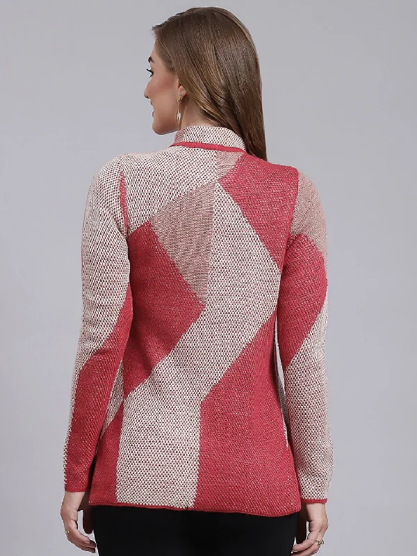 Women Red Jaquard Wool blend Cardigan