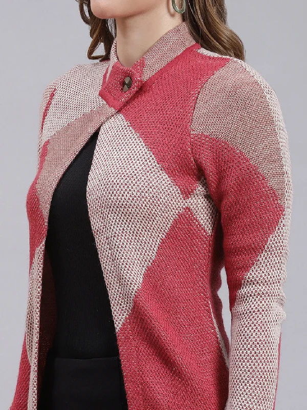 Women Red Jaquard Wool blend Cardigan