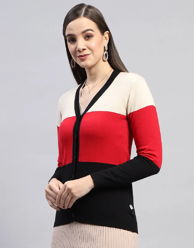 Women Red Self Design V Neck Full Sleeve Cardigan