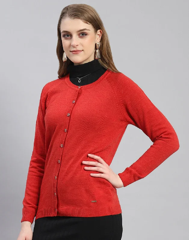 Women Red Solid Round Neck Full Sleeve Cardigan