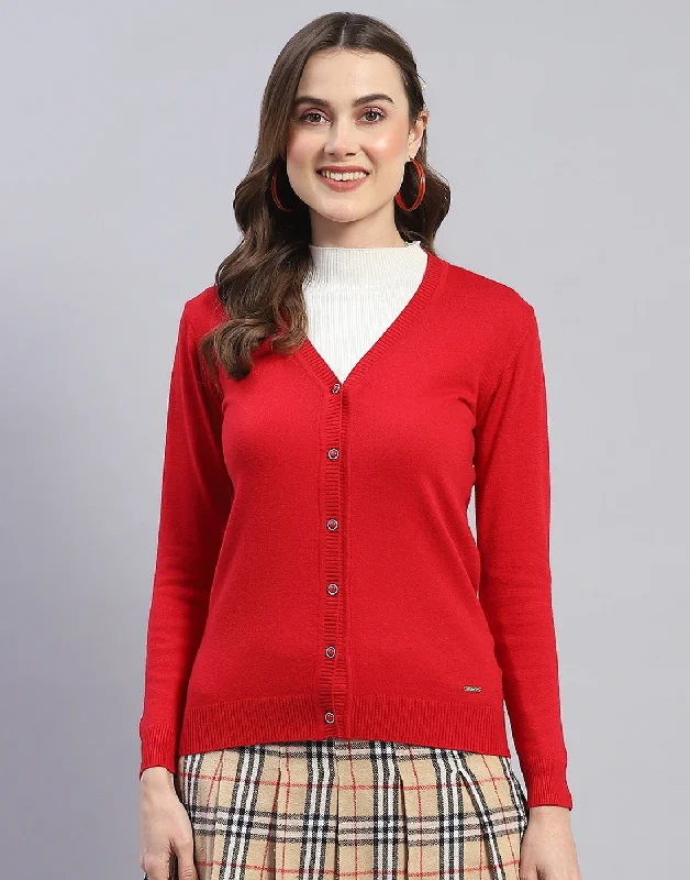 Women Red Solid V Neck Full Sleeve Cardigan