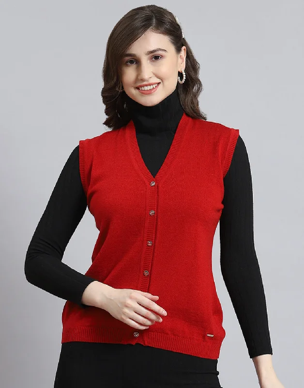 Women Red Solid V Neck Sleeveless Cardigan