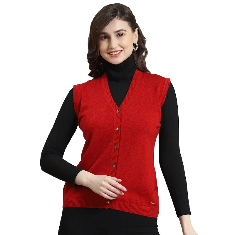 Women Red Solid V Neck Sleeveless Cardigan