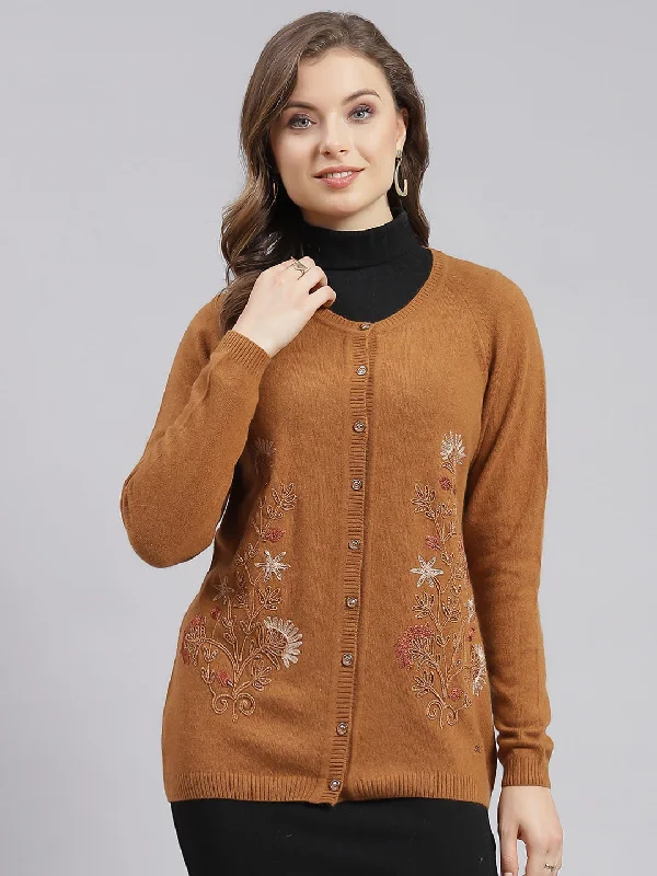 Women Rust Orange Solid Wool blend Cardigan