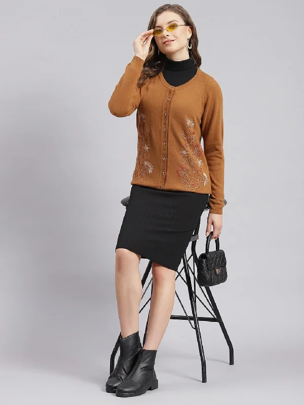 Women Rust Orange Solid Wool blend Cardigan