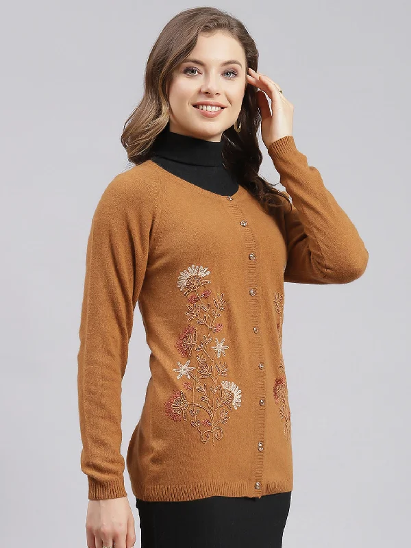 Women Rust Orange Solid Wool blend Cardigan