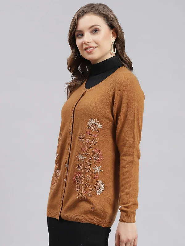 Women Rust Orange Solid Wool blend Cardigan