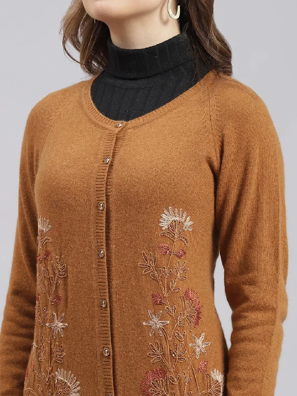 Women Rust Orange Solid Wool blend Cardigan