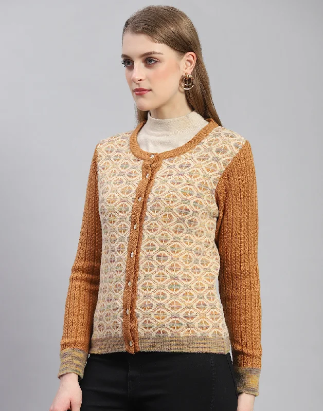 Women Rust Self Design Round Neck Full Sleeve Cardigan