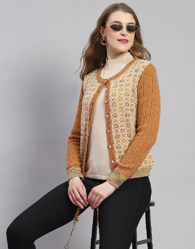 Women Rust Self Design Round Neck Full Sleeve Cardigan