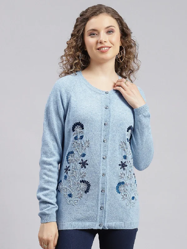 Women Sky Blue Solid Wool blend Cardigan