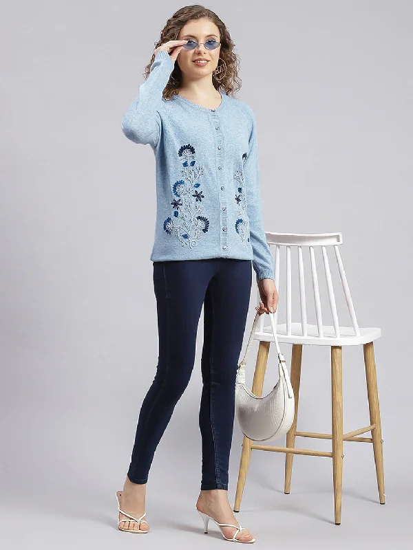 Women Sky Blue Solid Wool blend Cardigan