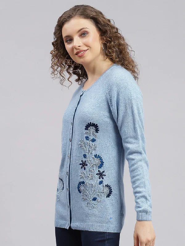 Women Sky Blue Solid Wool blend Cardigan