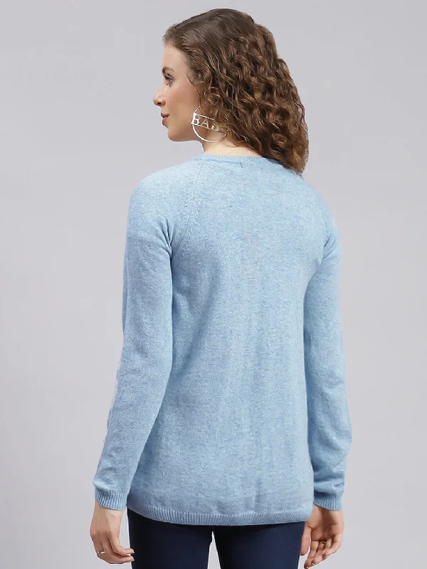 Women Sky Blue Solid Wool blend Cardigan