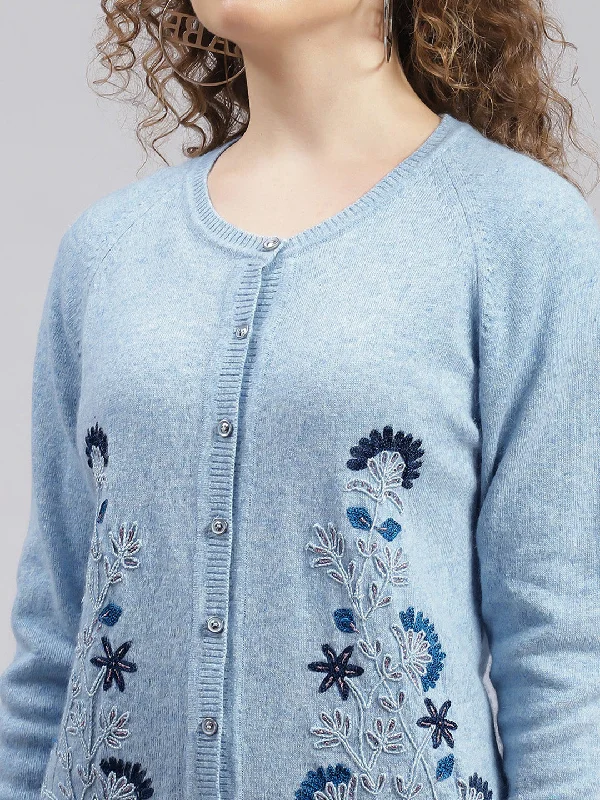 Women Sky Blue Solid Wool blend Cardigan